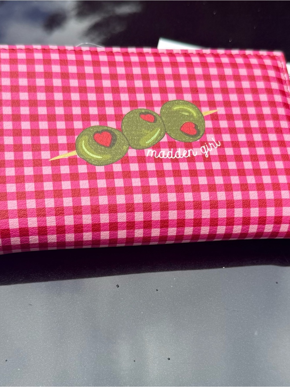 Madden Girl Hot Pink Gingham Wallet with Olive Olive Skewer Graphic